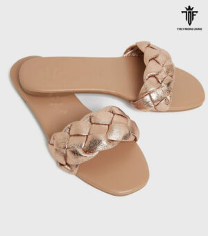 Wide Fit Rose Gold Plaited Open Toe Sliders