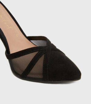 Black Suedette Mesh 2 Part Stiletto Heel Sandals